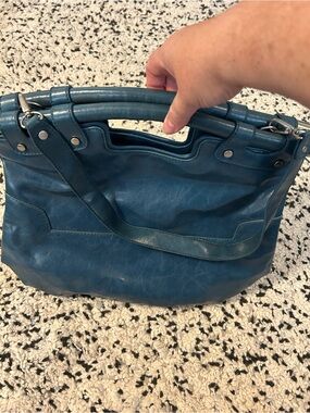 Teal Blue Leather Shoulder Bag - Women's Carryall